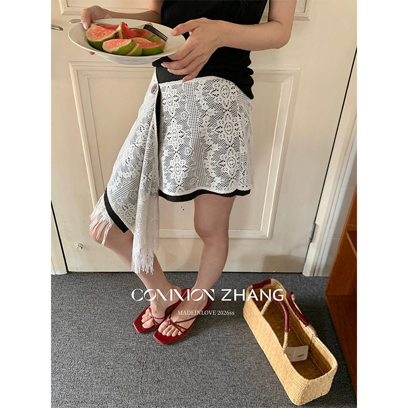 CZ ZHANG夏天丝不规则高腰半身裙斜扣镂空流苏方巾半裙女C22412