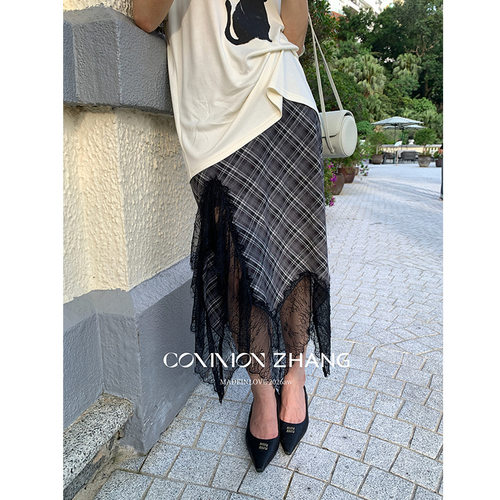 CZZHANG复古格子拼接蕾丝半身裙女秋季新款a字半身裙C32033