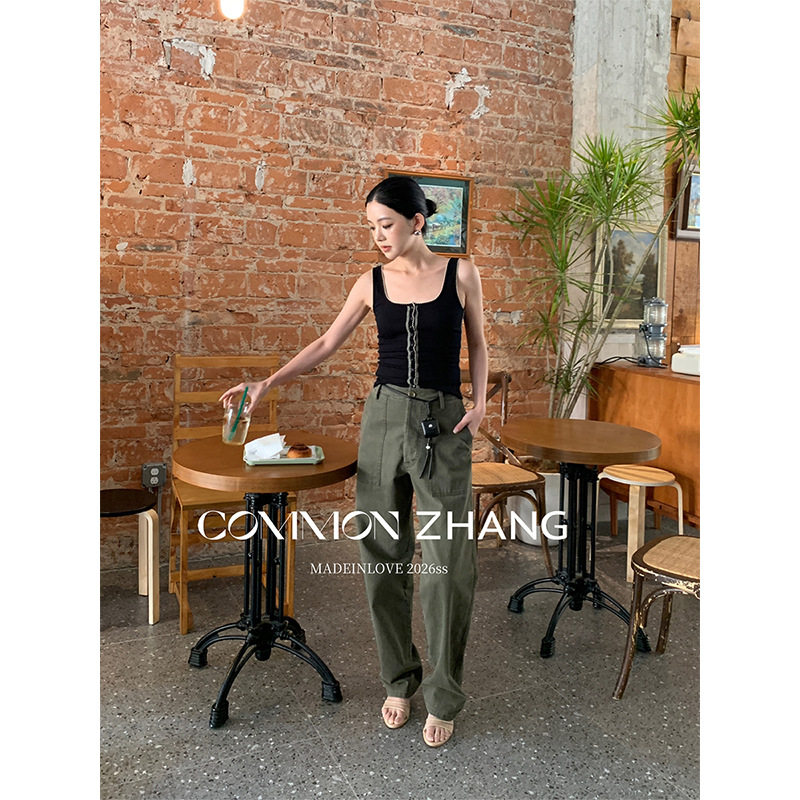 CZ ZHANG夏配腰绳纯棉直筒高腰休闲裤女通勤百搭美式工装裤C11856