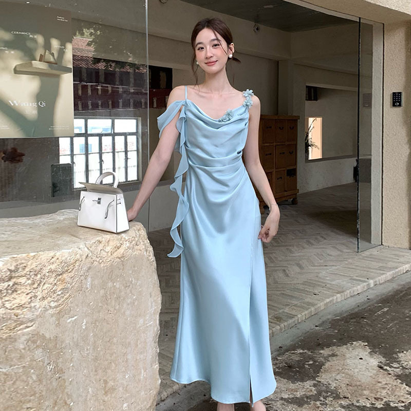 SE白标-“温柔的风”法式浪漫立体花朵吊带裙荡领飘纱连衣裙88612