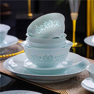 青瓷玲珑景德镇釉下彩餐具碗碟套装家用吃饭碗高白泥米饭碗不挂油