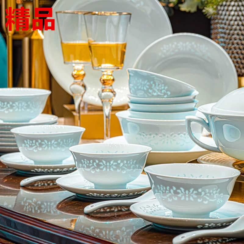 景德镇高白瓷高端礼品瓷餐具影青玲珑瓷镂空瓷器套装家用陶瓷碗盘