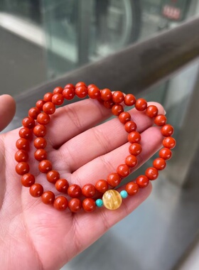 天然川料南红玛瑙柿子红佛珠双圈多圈手链搭配蜜蜡松石手串