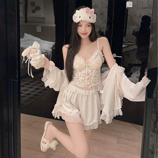 长裤 睡衣女春夏甜美少女冰丝长袖 家居服 性感镂空蕾丝吊带短裤 法式