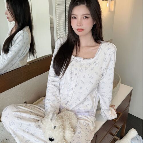 甜美少女风海岛绒睡衣女秋冬软糯双面绒长袖长裤保暖家居服可外穿