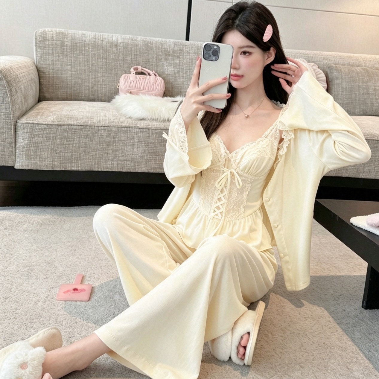 法式蕾丝性感带胸垫睡衣女三件套秋冬磨毛莫代尔长袖家居服可外穿