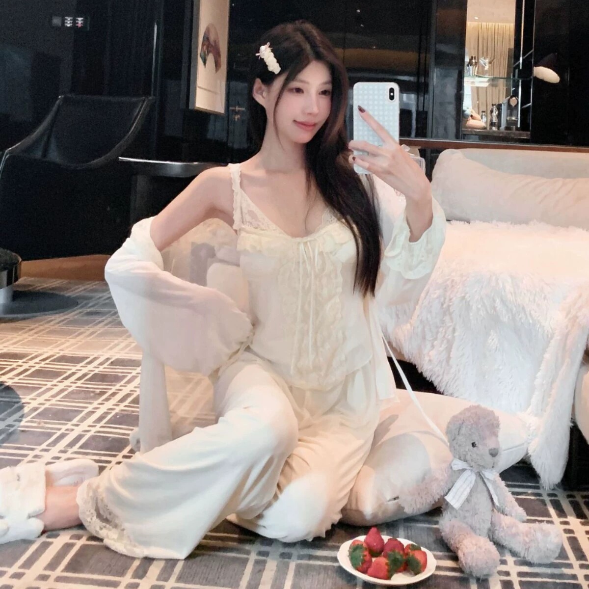 法式性感纯欲睡衣女三件套春夏网纱宫廷公主风莫代尔带胸垫家居服