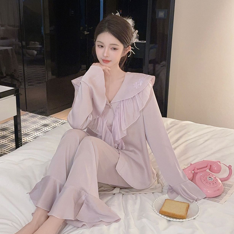 法式宫廷风荷叶边睡衣女夏高级感甜美少女冰丝长袖家居服可外穿