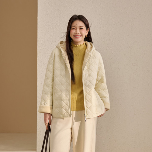 【菱格连帽棉服】纤莉秀大码女装休闲保暖短款外套胖mm2025冬新款