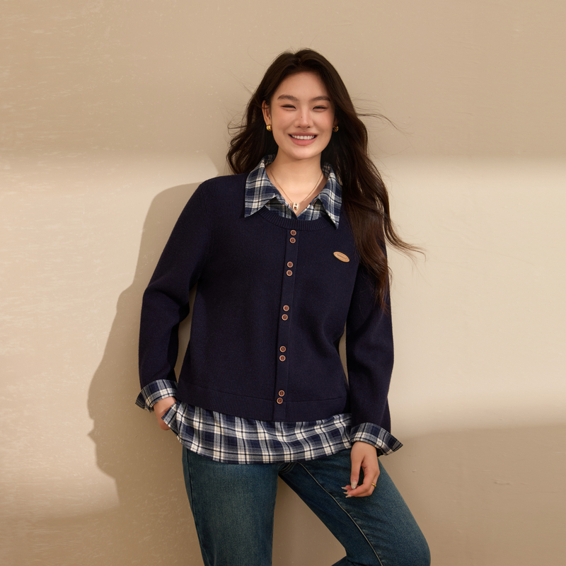 【格子拼接假两件毛衣】纤莉秀大码女装设计感上衣胖mm2025冬新款