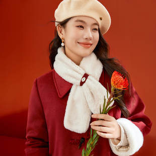 【圣诞跨年战袍】纤莉秀大码女装仿兔毛牛角扣毛呢外套胖mm春新款