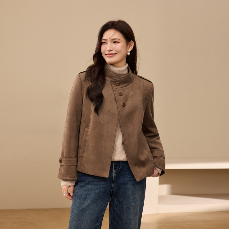 【复古麂皮绒夹棉外套】纤莉秀大码女装个性立领夹克胖mm冬装新款