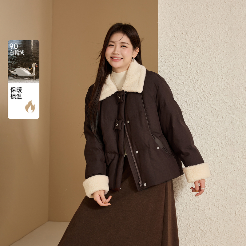 【复古咖色90鸭绒羽绒服】纤莉秀大码女装时尚毛领外套胖mm冬新款