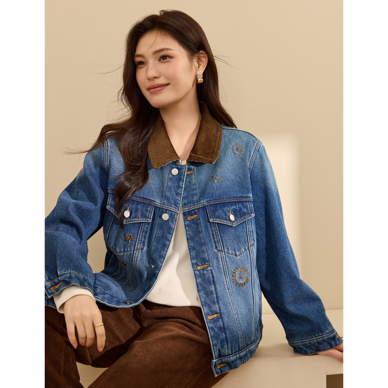【个性翻领牛仔外套】纤莉秀大码女装时髦潮流开衫胖mm2025冬新款