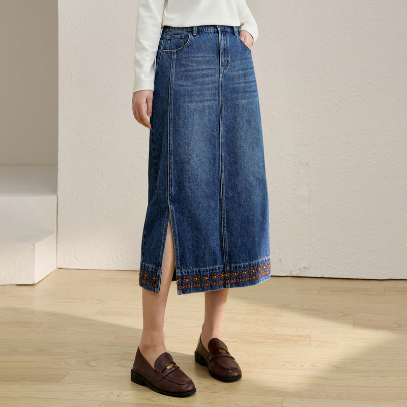 【刺绣气质牛仔半身裙】纤莉秀大码女装复古开叉A字裙胖mm春新款,女装/女士精品,大码半身裙,淘宝优惠券,粉丝福利购,淘宝优惠卷