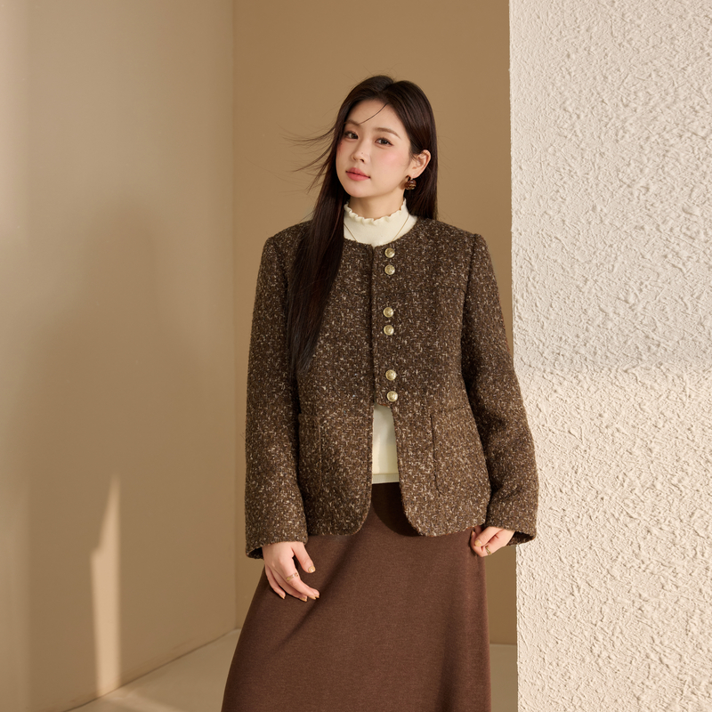 【保暖夹棉外套】纤莉秀大码女装复古优雅圆领开衫胖mm2025冬新款