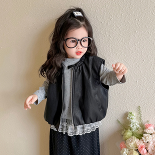 儿童马甲女孩外穿洋气春秋女童装pu皮衣马夹女宝宝早秋穿搭三件套