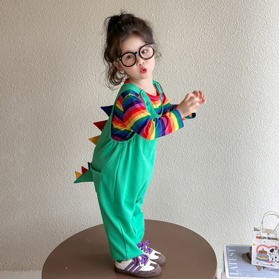 卡通可爱搞怪女童恐龙背带裤套装