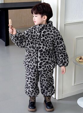 男女童加绒夹棉加厚豹纹睡衣外穿