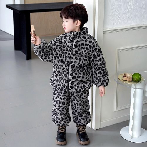 男女童加绒夹棉加厚豹纹睡衣外穿
