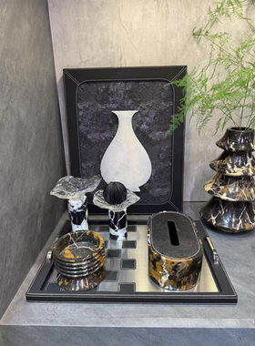 现代轻奢样板房客厅茶几大理石纸巾盒托盘香薰挂画组合装饰摆件