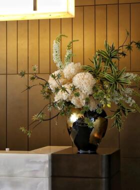 现代中式轻奢样板房售楼部酒店前台高档真花艺摆件贴金陶瓷花盆