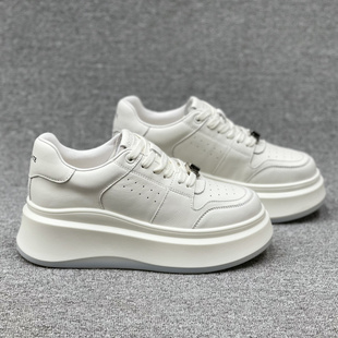 欧洲站女鞋2025春季新款欧货真皮牛皮系带松糕鞋厚底小白鞋低帮鞋