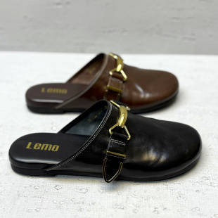 欧洲站欧货女鞋2026春夏真皮包头拖金属扣带圆头一脚蹬外穿半拖潮