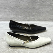 2026春季 新款 尖头一字带珍珠装 欧洲站欧货真皮女鞋 饰平底浅口单鞋