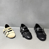 平跟圆头浅口一字扣带铆钉单鞋 欧洲站欧货女鞋 2026春真皮玛丽珍鞋