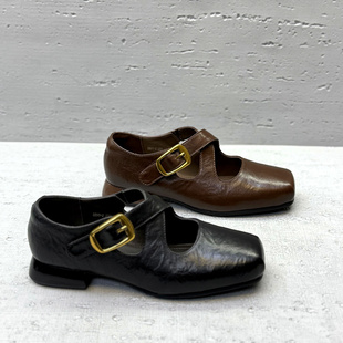 欧洲站欧货女鞋2026春新真皮交叉带玛丽珍鞋粗跟方头小皮鞋单鞋潮