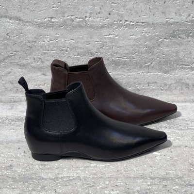 胎牛皮尖头粗跟切尔西靴短靴女