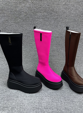 乐魔女鞋2025秋季新款欧货弹力布厚底增高侧拉链弹力靴高筒长靴女