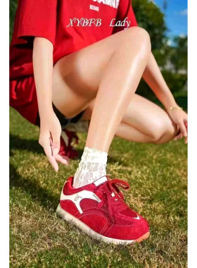 特价断码处理~复古拼色德训鞋女红色网面软底百搭休闲运动鞋
