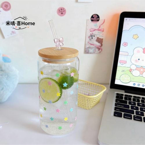 米晴·喜Home满星玻璃水杯500ml少女ins风吸管牛奶咖啡高颜值水杯