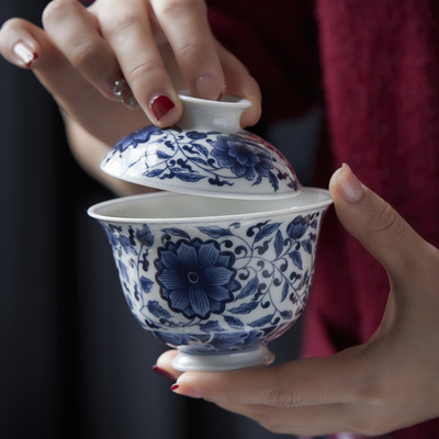景德镇青花瓷盖碗茶杯缠枝莲盖碗陶瓷茶碗釉下岩茶盖碗茶碗