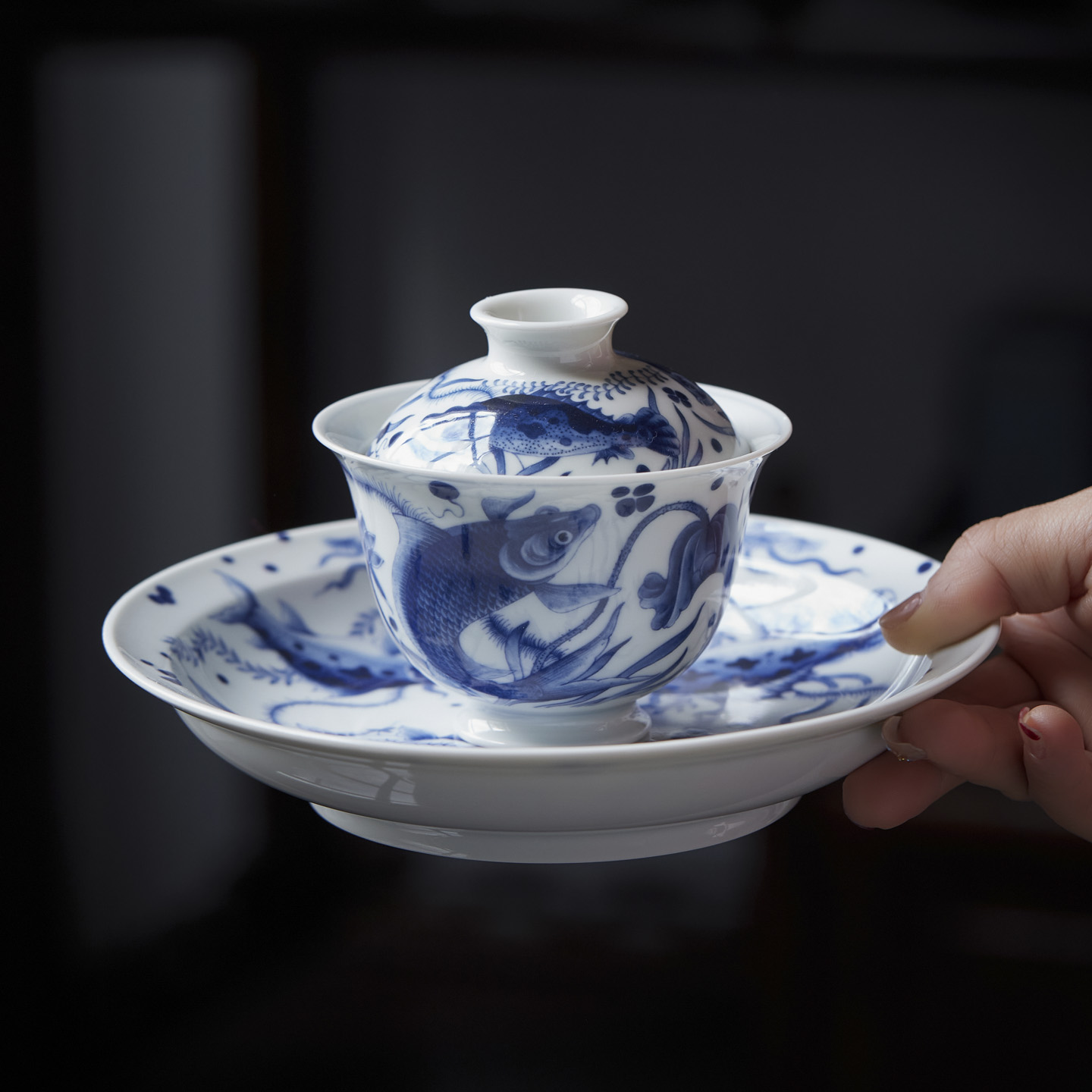 景德镇青花瓷盖碗茶杯缠枝莲盖碗陶瓷茶碗釉下岩茶茶碗年年有鱼