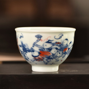 景德镇主人杯茶杯单杯个人茶杯景德镇陶瓷青花瓷婴戏图直口杯