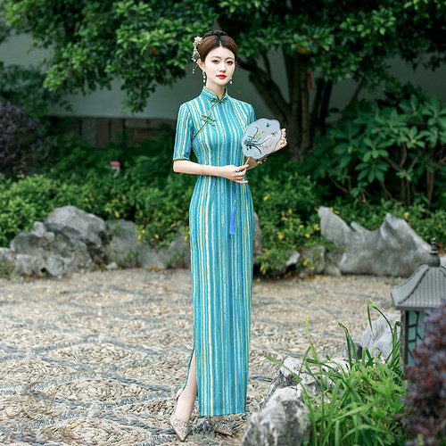 日常中袖改良立体旗袍印花2025新款夏季高档修身显瘦连衣裙新中式