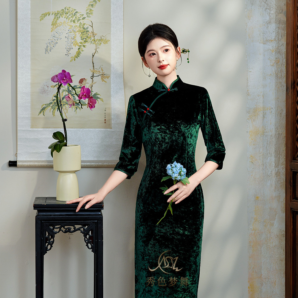 秋冬夜上海改良版旗袍宴会走秀日常大码中年女装七分袖旗袍连衣裙