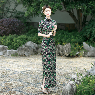 2025新款夏长款修身显瘦连衣裙日常中袖改良旗袍立体印花走秀表演