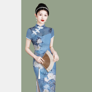 优雅复古长款 旗袍网纱印花日常走秀新中式 高弹力演出服 夏季 24新款