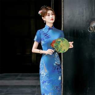 夜上海改良旗袍立体印花新款中国风长款修身连衣裙日常走秀表演出