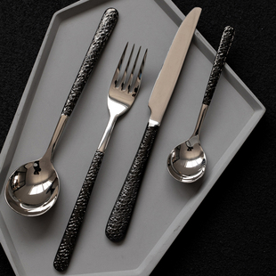 黑柄304不锈钢刀叉勺西餐具三件套装酒店家用调羹勺子轻奢高级感