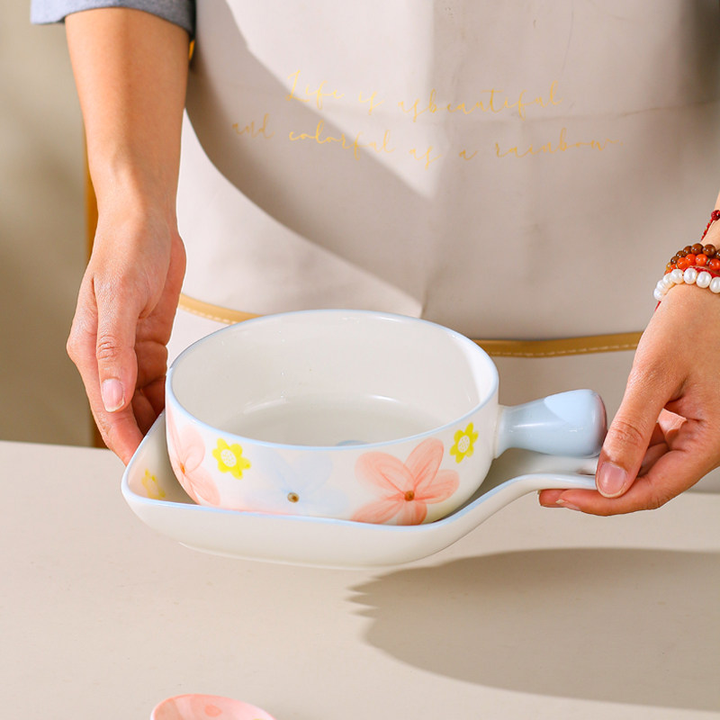 新中式手柄烤盘碗家用烤箱陶瓷菜盘子早餐牛排西餐盘泡面饭碗可爱