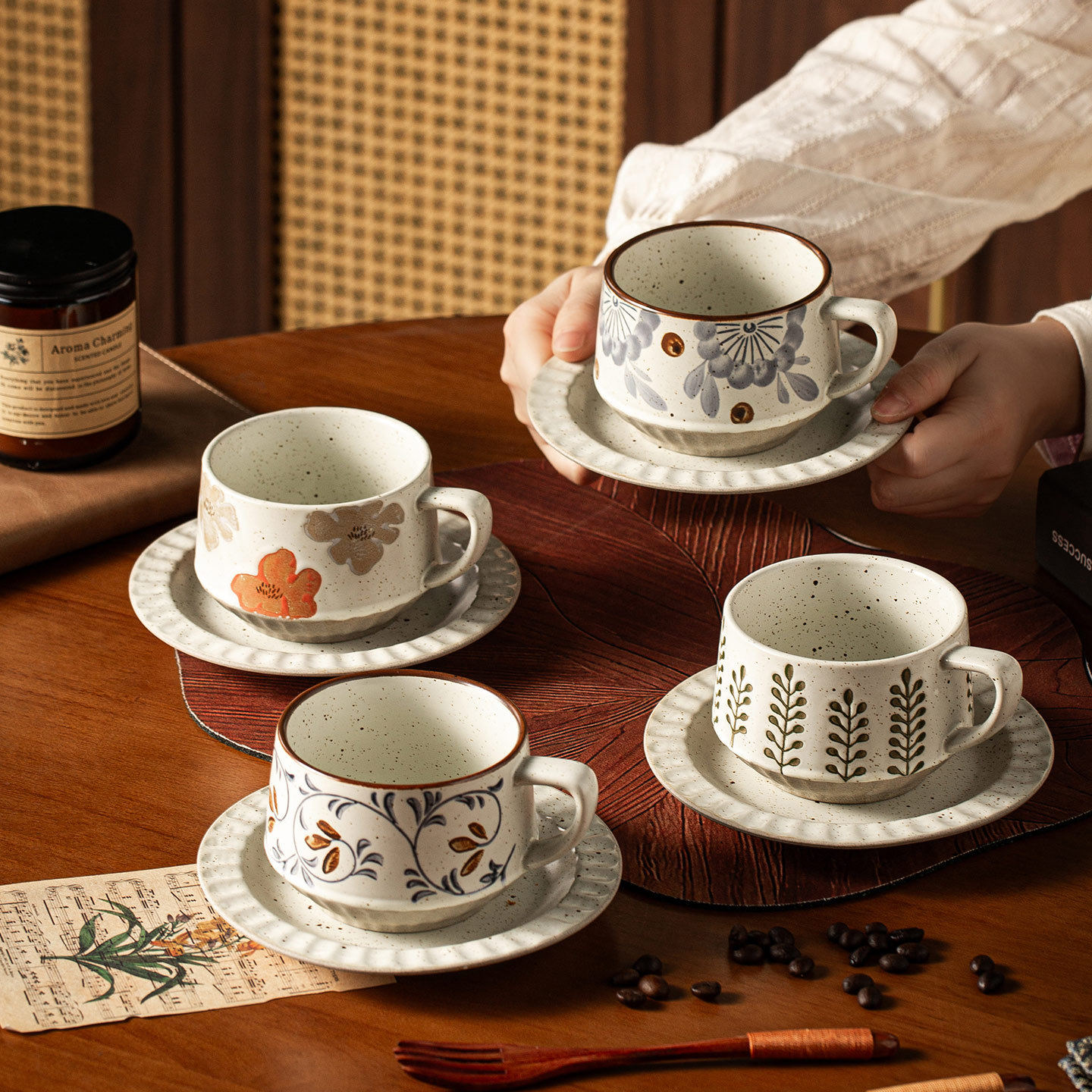 日式复古咖啡杯高颜值精致小众杯子中式风陶瓷杯碟套装水杯马克杯