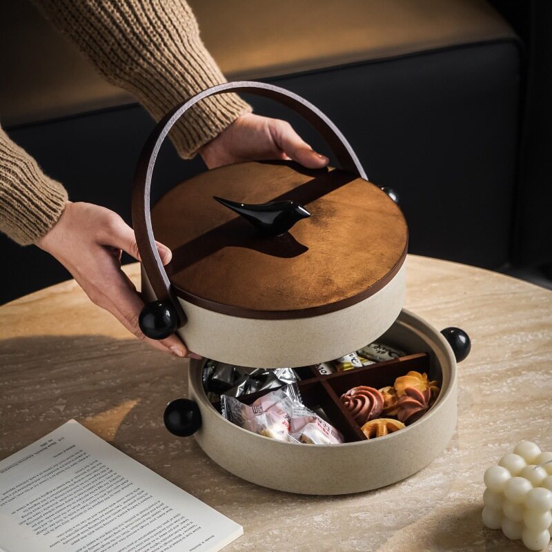 粗陶手提分格果盘创意干果盘点心糖果家用新年零食收纳盒坚果拼盘