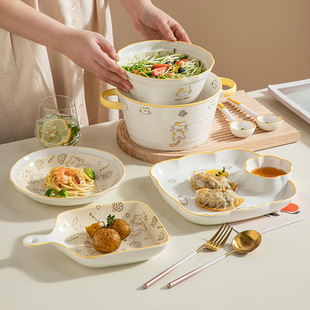 日式可爱米饭碗菜盘家用陶瓷大码双耳泡面汤碗盆餐盘勺子烤盘餐具