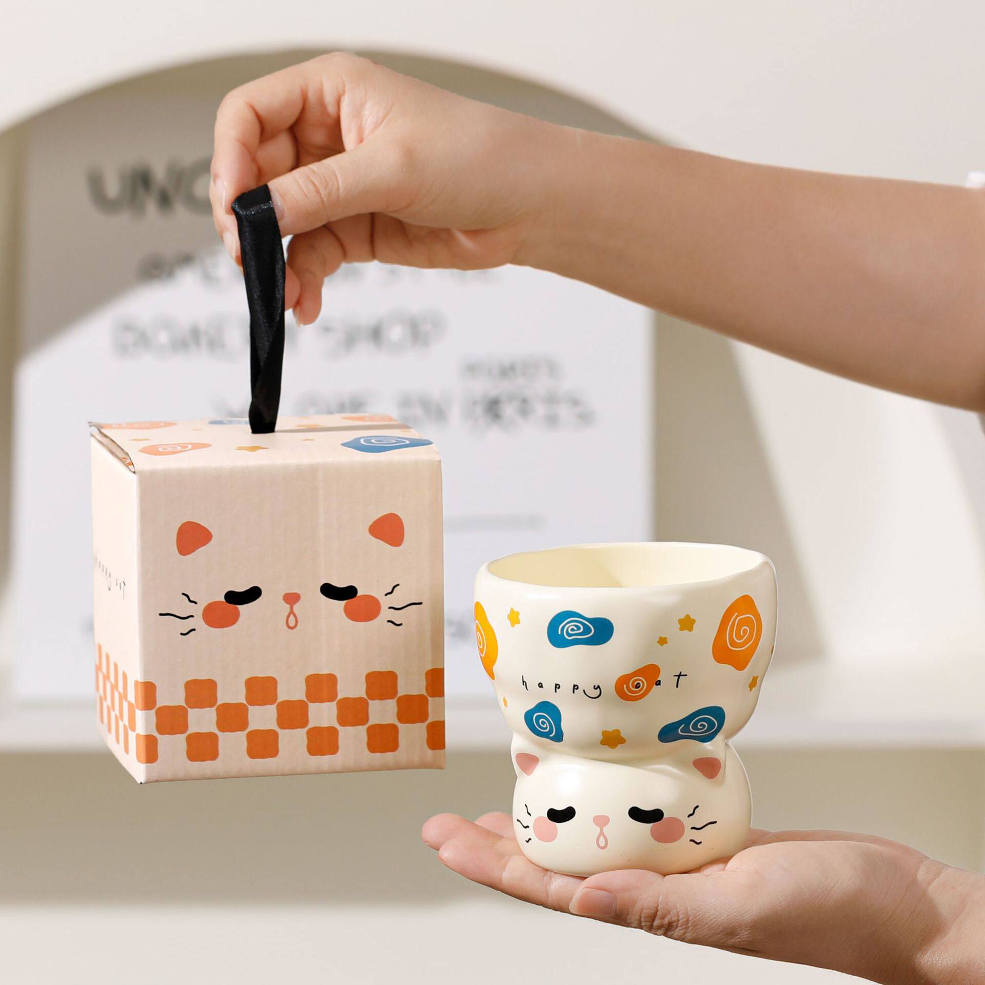 可爱卡通动物陶瓷高脚杯创意杯子女生高颜值家用咖啡杯ins风精致