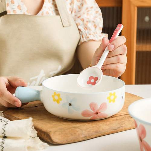 手柄碗陶瓷水果沙拉碗泡面碗带把